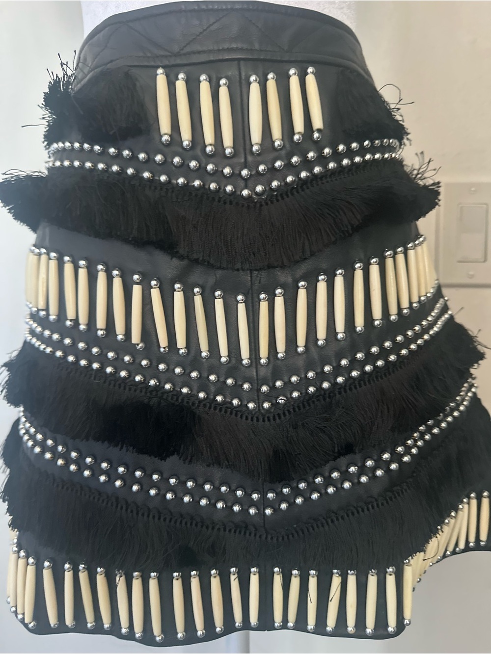 Nasty Gal NWOT Genuine Leather Easy Rider Fringed Beaded Mini Skirt Black L - Picture 6 of 10